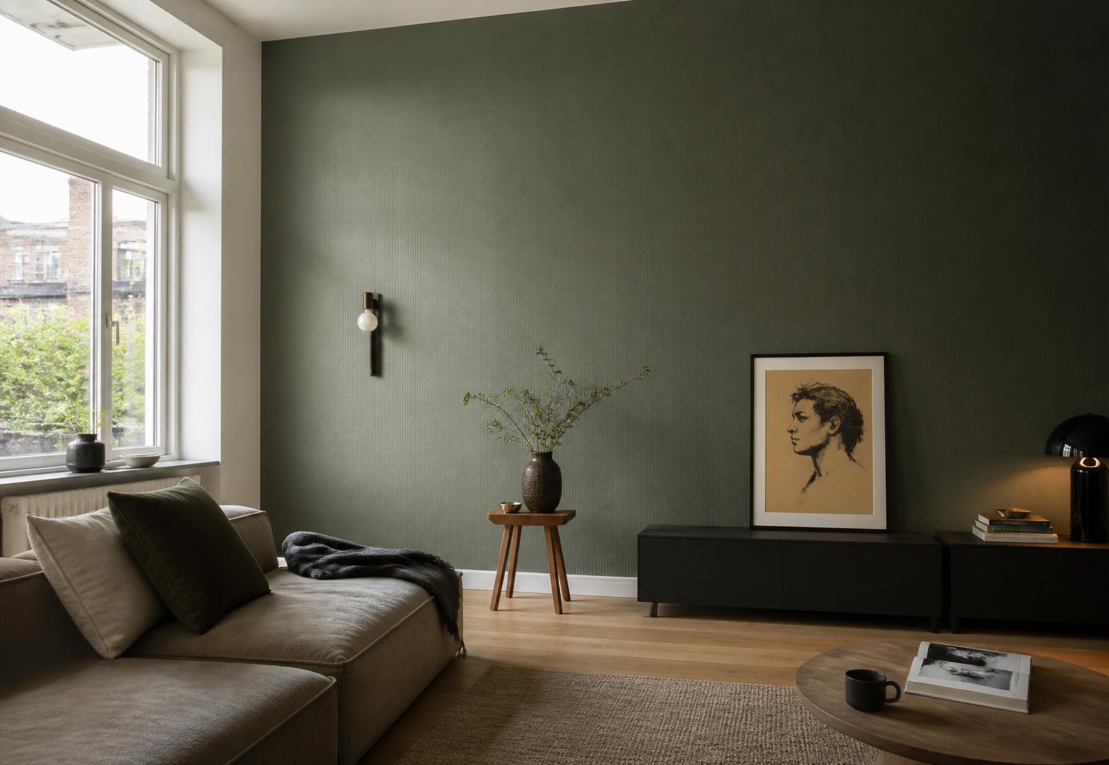 Woonkamer met dieprustige groene wand en warme oakvloer