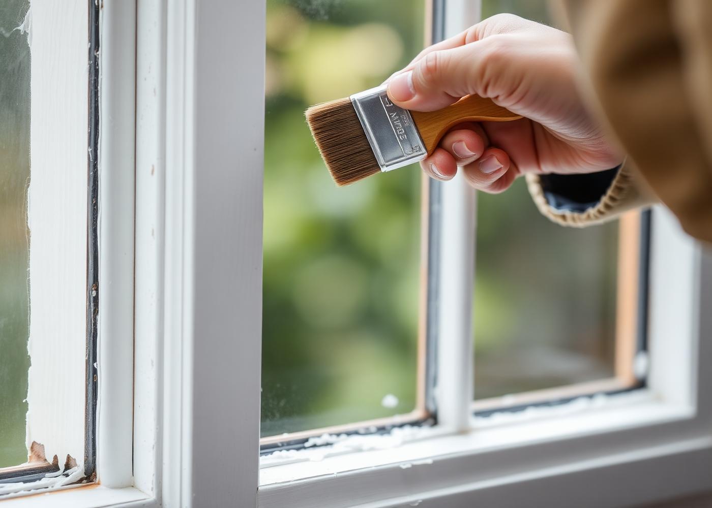 Handen van een schilder werken aan een houten kozijn
